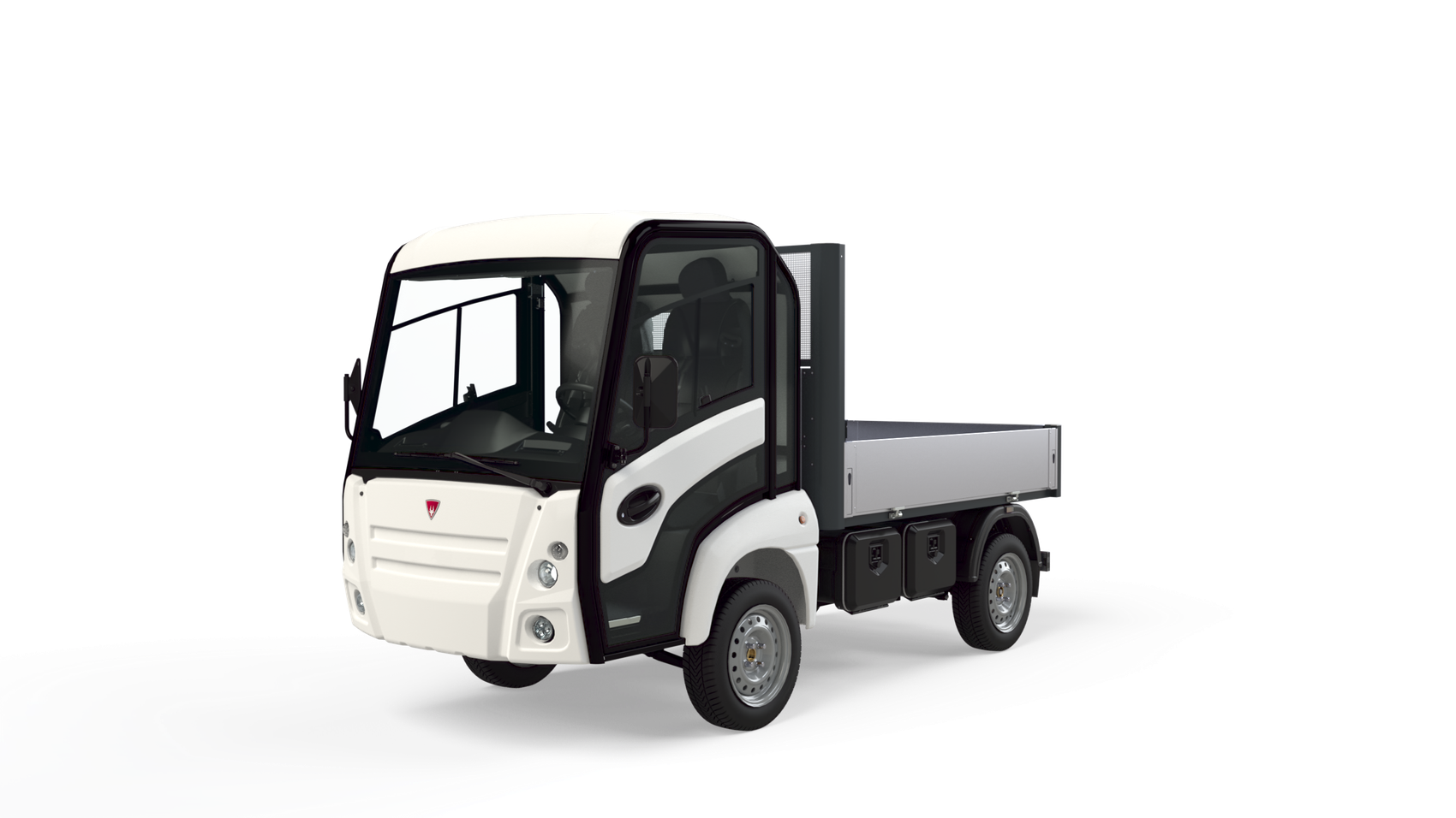 Narro white electric flatbed work truck, front three-quarter view